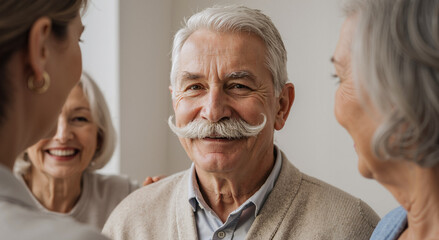 joyful elderly man with friends, enjoying social gathering in bright setting, smiling warmly