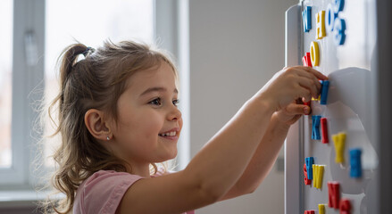 young girl playing with colorful magnetic letters on a refrigerator on a sunny day indoors