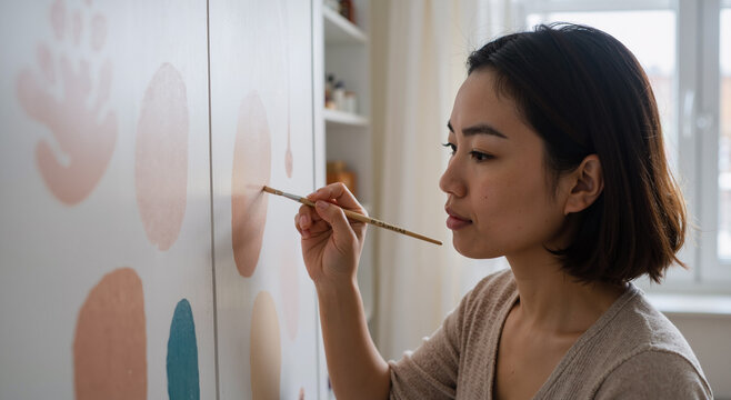 focused asian woman painting colorful circles on canvas in a bright studio