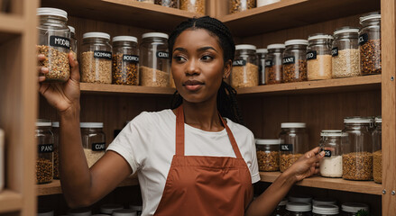 young woman organizing jars of spices and grains in a cozy wooden pantry