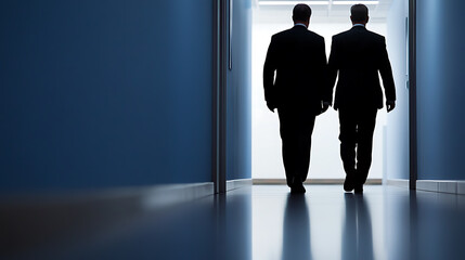 Two figures in dark suits walk away down a glossy hallway, their silhouettes stark against the bright end, leaving a visual impression of anonymity and purpose.