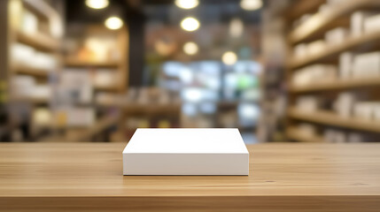 A white box on a wooden table with blurred background, casting soft shadows. A minimalist presentation setup ideal for showcasing products in a bright, modern ambiance.
