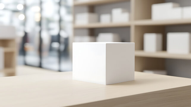 A minimalist product display showcasing a white cube on a wooden surface. The clean and simple design creates a focus on the subject, set against a blurred background.