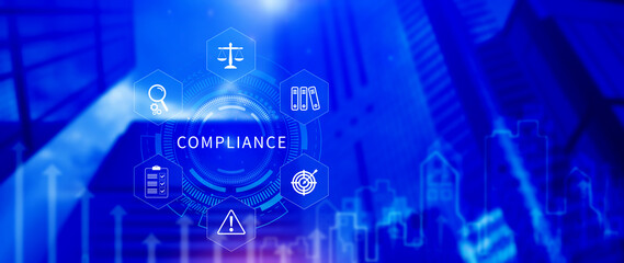 Compliance. Compliance concept with icons and text. Regulations, law, standards, requirements, Rule, audit diagram on virtual screen, Business internet technology