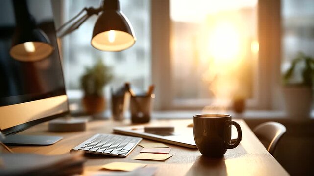 A modern student&rsquo;s home workspace glows with morning light a desk cluttered with a sleek computer a gooseneck lamp casting a warm glow scattered sticky notes and a steaming