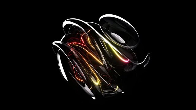 3d video animation, surreal mystic alien ball or sphere sculpture in curved wavy organic lines forms in a deformation process in translucent liquid glass material with yellow, red laser round stripes