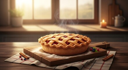 Hot steaming fruit pie with lattice crust on cutting board. Dessert concept for holiday meal, baking, and Thanksgiving celebration.