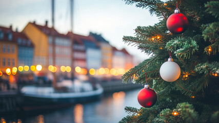 Christmas decorations on a pine tree beside a festive Copenhagen waterfront