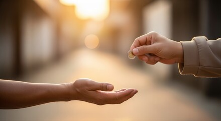 hand giving coin to another hand in sunset light on blurred street background symbolizing charity