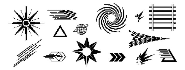 Collection of Pixelated Graphic Symbols on White Background Representing Speed and Direction