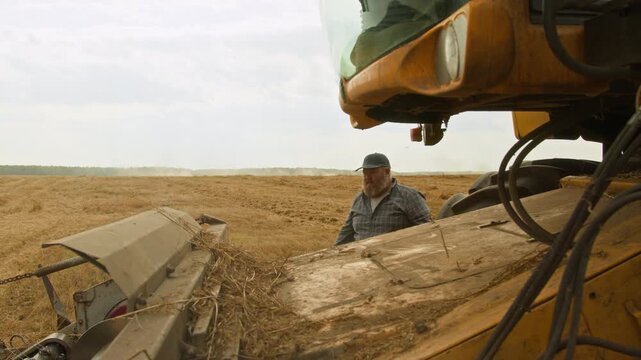 Wide angle shot of burly bearded man as farmer climbing down from combine harvester cabin finishing work in wheat field, copy space