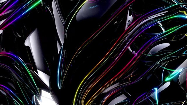 3d render of abstract art, surreal 3d background with part of glass, liquid alien flower in curved, wavy lines forms with neon green purple and blue gradient laser lines on black background - Powered by Adobe