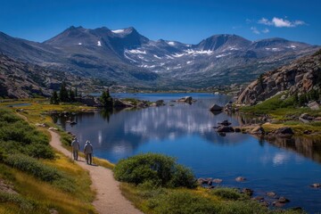 Fototapeta premium Elderly Caucasian couple hiking along a scenic trail by a tranquil lake, surrounded by majestic mountains and lush greenery, enjoying nature's beauty and serenity