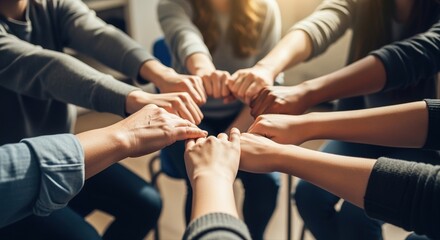 diverse group of friends connecting in unity with fist bumps in a supportive circle indoors
