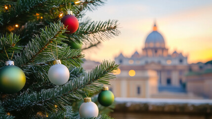 Christmas tree adorned with red, green, and white baubles, set against a sunset-lit skyline of Rome