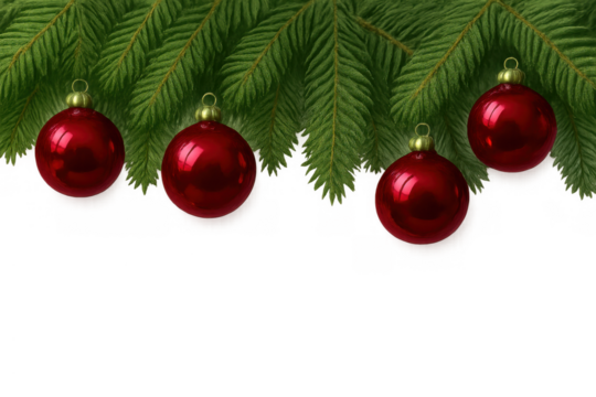 Christmas spruce branches decorating with red ornaments for festive holiday season celebration element, transparent background - Powered by Adobe