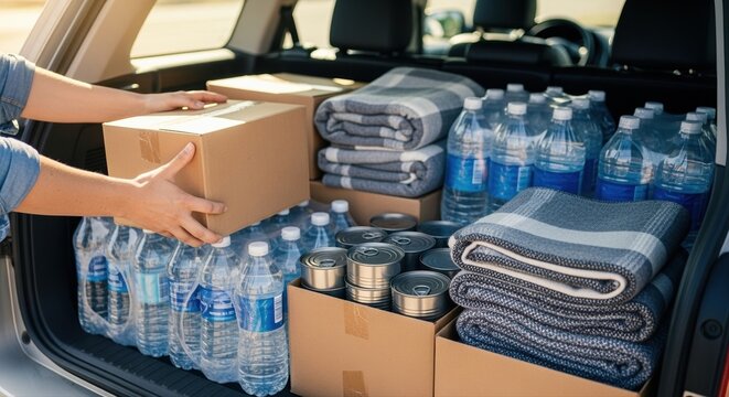 person organizing donation supplies in car trunk includes water blankets and canned goods