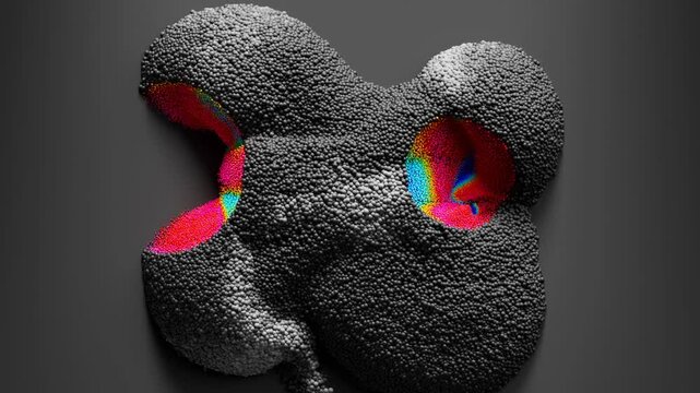 3d render of abstract art video animation with small balls spheres particles in the motion process in dark grey color with colorful pink purple blue parts on grey background surface