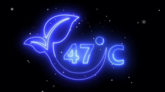 Neon line 47&deg;C temperature showing on a dark background. Weather temperature displays by degree, climate change, scientific designs.Net Zero Carbon Emission & Green Energy Concept. Alpha matte channel