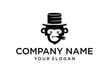Black and White Monkey Head Logo with Top Hat and Cigar - Company Name and Slogan Placeholder, Minimalist Design
