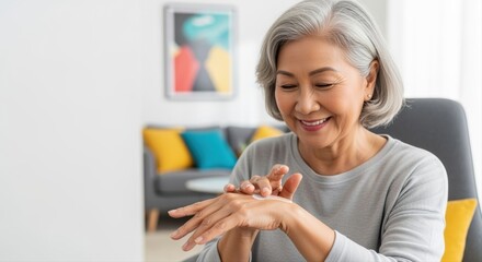 smiling senior woman applying lotion to hands in modern living room with colorful decor