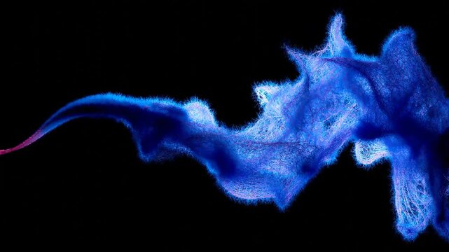 3d render of abstract art video with surreal textile drape in fluffy wool material in deformation transformation process in curved waved lines forms in purple and blue gradient color on black back 