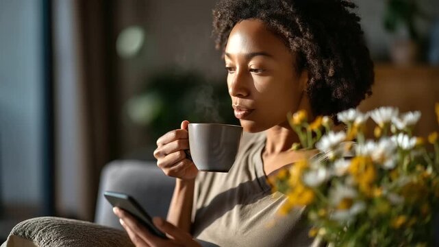 A young Black woman sips peppermint tea from a glass mug reclining in a cushioned chair her fingers scrolling through her smartphone morning sunlight warming her living room