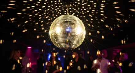 golden disco ball reflecting colorful lights in lively nightclub with dancing partygoers
