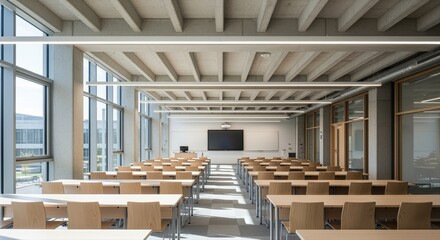 empty modern classroom with wooden chairs and tables, bright lighting, educational setting