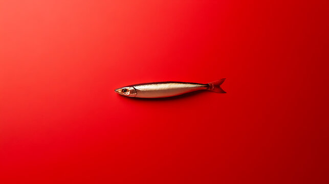A sleek silver fish lies still on a vibrant red backdrop, its scales gleaming under the light. A simple yet striking composition showcasing contrast and form. This image captures.