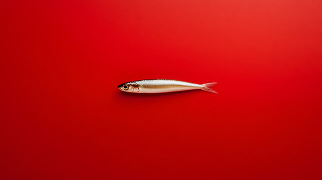 A single sardine rests against a vibrant red backdrop. The fish's silver scales contrast with the solid, warm color, creating a simple yet striking composition, minimal design