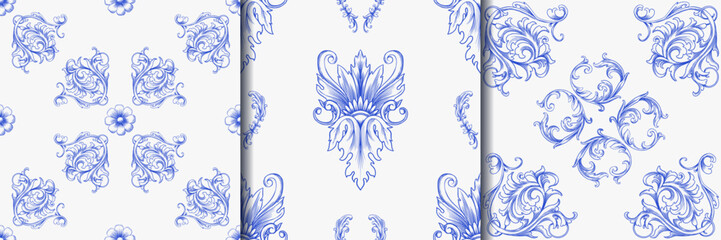 Vintage Baroque or renaissance Seamless pattern hand drawn Victorian set of ornament floral elements engraved retro flower decorative design heraldic swirls.