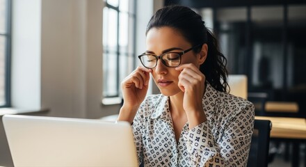 focused woman adjusting glasses working on laptop in modern office with natural light