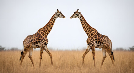Obraz premium Two Giraffes Standing in Grassy Field Wildlife Animal Nature Photography