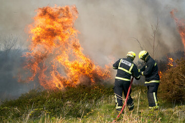 Wildfires fire burning with a lot of smoke, firefighters