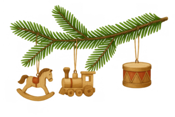 Christmas tree branch holding traditional wooden toy ornaments: rocking horse, train, and drum. Childlike holiday decor