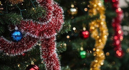 festive christmas tree with colorful ornaments and shimmering tinsel in holiday setting