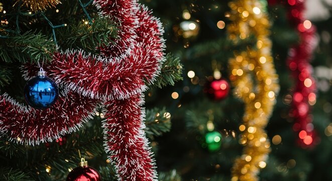 festive christmas tree with colorful ornaments and shimmering tinsel in holiday setting