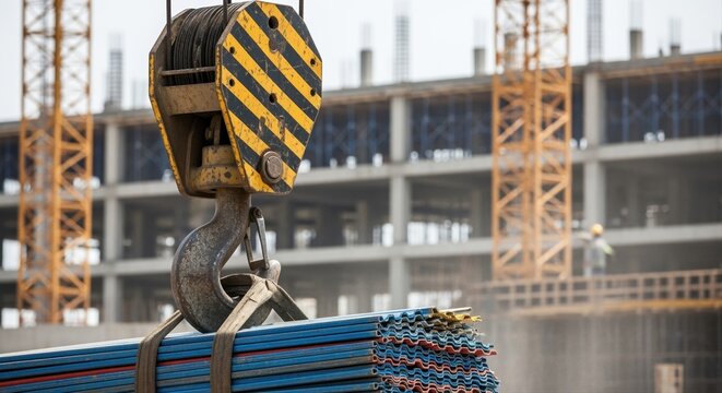 construction site crane lifting metal beams with unfinished building in background on cloudy day - Powered by Adobe