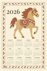 Chinese New Year. Calendar for 2026. Ready calendar grid with design. Fire horse