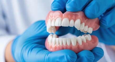 dental professional holding dentures with blue gloves in clinic environment
