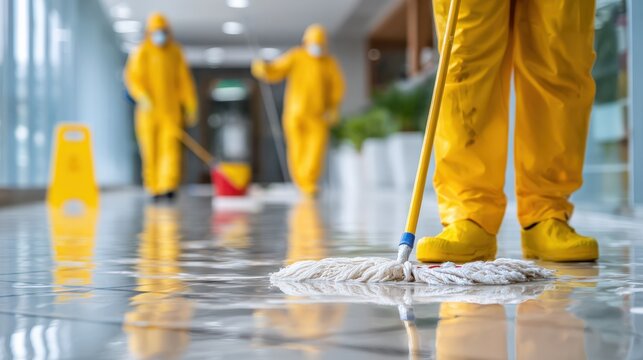 Medium shot of a rapid response cleaning team swiftly mopping up a large liquid spill on a tiled floor in a modern office environment.