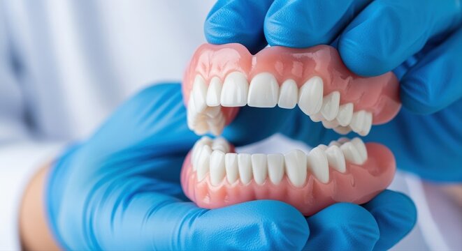 dental professional holding dentures with blue gloves in clinic environment