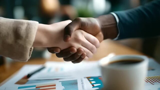 A young woman and a Black man shake hands over a stack of contract papers a coffee cup with steam rising and charts with colorful graphs nearby top view business agreement cont
