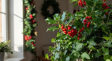 Naklejka premium sunlight streaming on holly and ivy decoration with berries in cozy festive holiday home