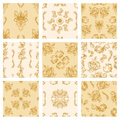 Vintage Baroque or renaissance Seamless pattern hand drawn Victorian set of ornament floral elements engraved retro flower decorative design heraldic swirls.