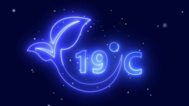 Neon line 19&deg;C temperature showing on a dark background. Weather temperature displays by degree, climate change, scientific designs.Net Zero Carbon Emission & Green Energy Concept. Alpha matte channel