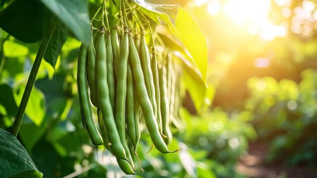 Fresh Green Beans Hanging in Sunny Garden