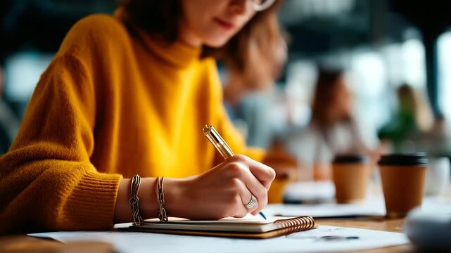 A young woman scribbles furiously in a notebook during a business meeting a colleague gesturing animatedly over a blueprint coffee cups and papers scattered on the table top vie