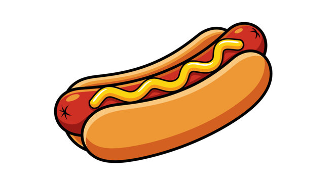 Classic Hot Dog with Mustard Illustration on White Background.